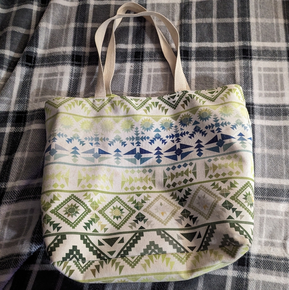 Green and blue tote bag